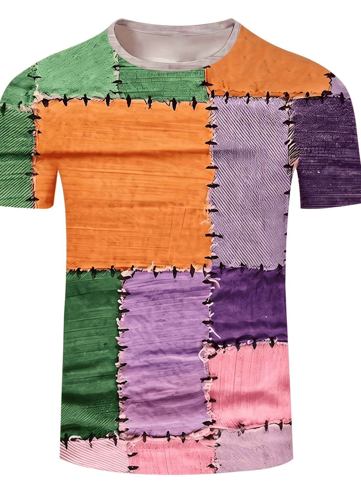 Digital Print - Men's Novelty Color Block Short Sleeve Crew Neck T-Shirt, Summer Outdoor [Print Design - Not Textured] [Print Design - Not Textured] - Mixed Color B