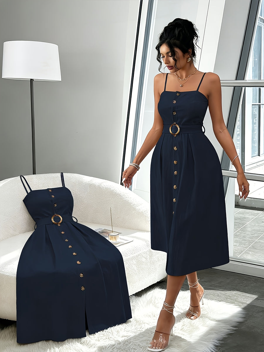 A Stylish And Elegant Sleeveless Dress with Easy Button Decorations, Perfect for Daily Commutes And Dates, Featuring a Mid-Length Design And a Belt - Navy Color