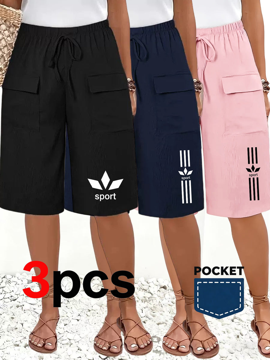 3pcs Comfortable Women's Shorts with Beautiful Print and Bow Decoration, Casual Knee-Length Pants, Simple Loose Mid-Length Pants, Versatile for Daily Commuting, Summer Textured Knee-Length Pants - Black + Navy Blue + Powder