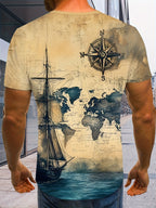 Men's Digital Print T-Shirt, Short-Sleeve Printed Tee, Nautical Sailboat and Map Background Pattern Print, Summer Fashion Streetwear Casual Sportswear for Men - Mixed colors