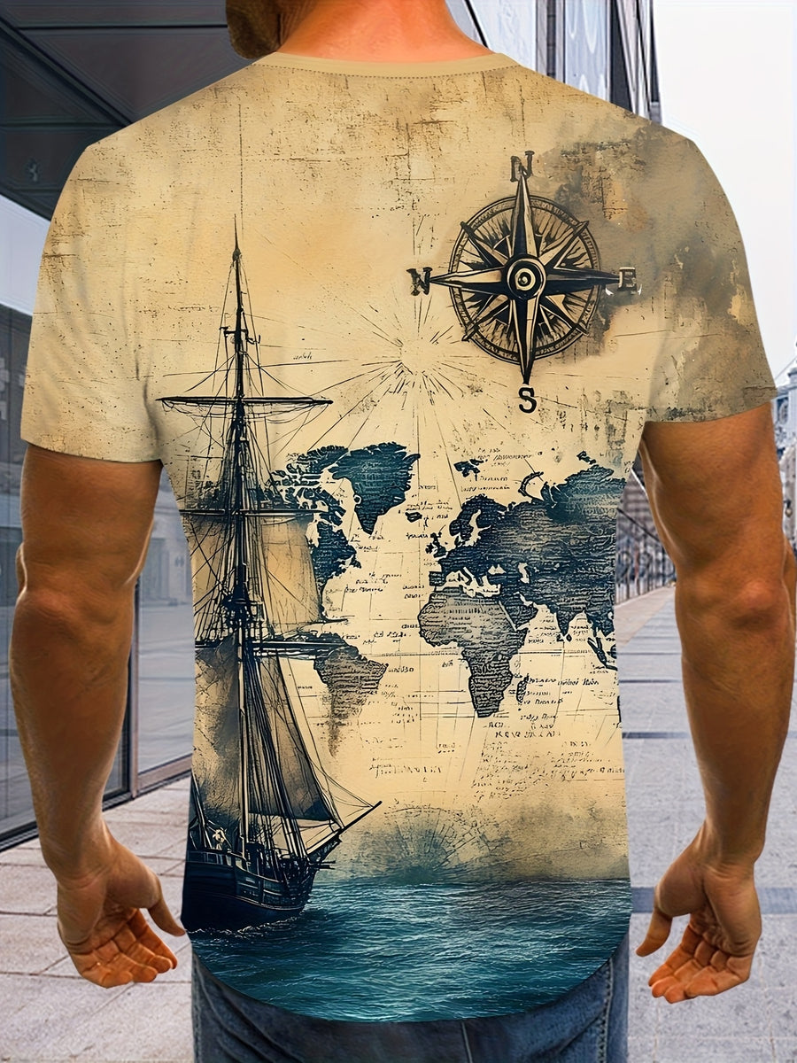 Men's Digital Print T-Shirt, Short-Sleeve Printed Tee, Nautical Sailboat and Map Background Pattern Print, Summer Fashion Streetwear Casual Sportswear for Men - Mixed colors