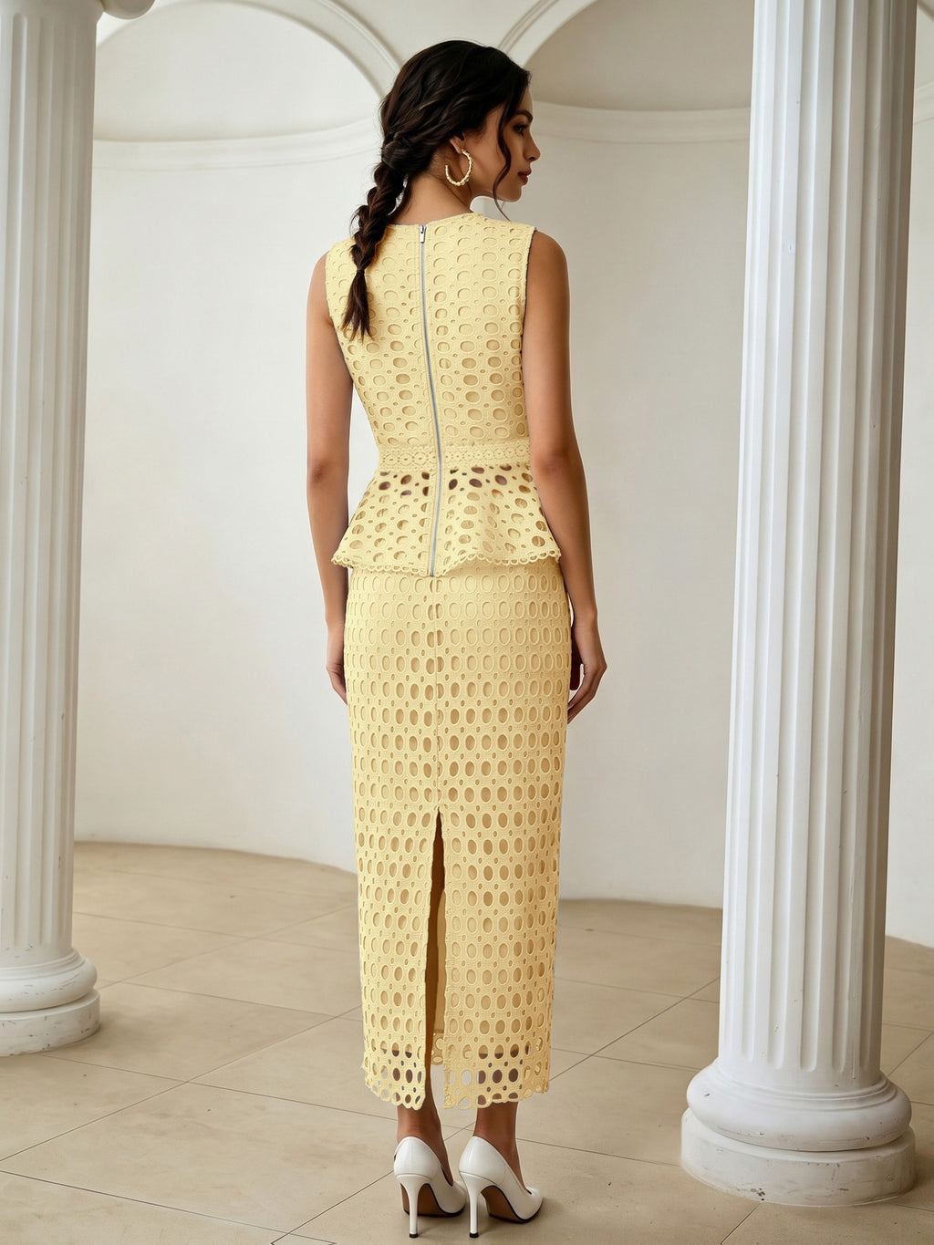 French Hollow-Out Lace Spliced Camisole Top And Straight Midi Skirt 2pcs Set, Elegant Women'S Wear for Daily Commute And Dating - 【Light Yellow】