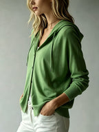Women's Casual Hooded Cardigan, Button-Up Long Sleeve Top, Lightweight Loose Hooded Outerwear, Suitable for Daily/Commute/Vacation Multi-Scene Wear, Gavin - Green