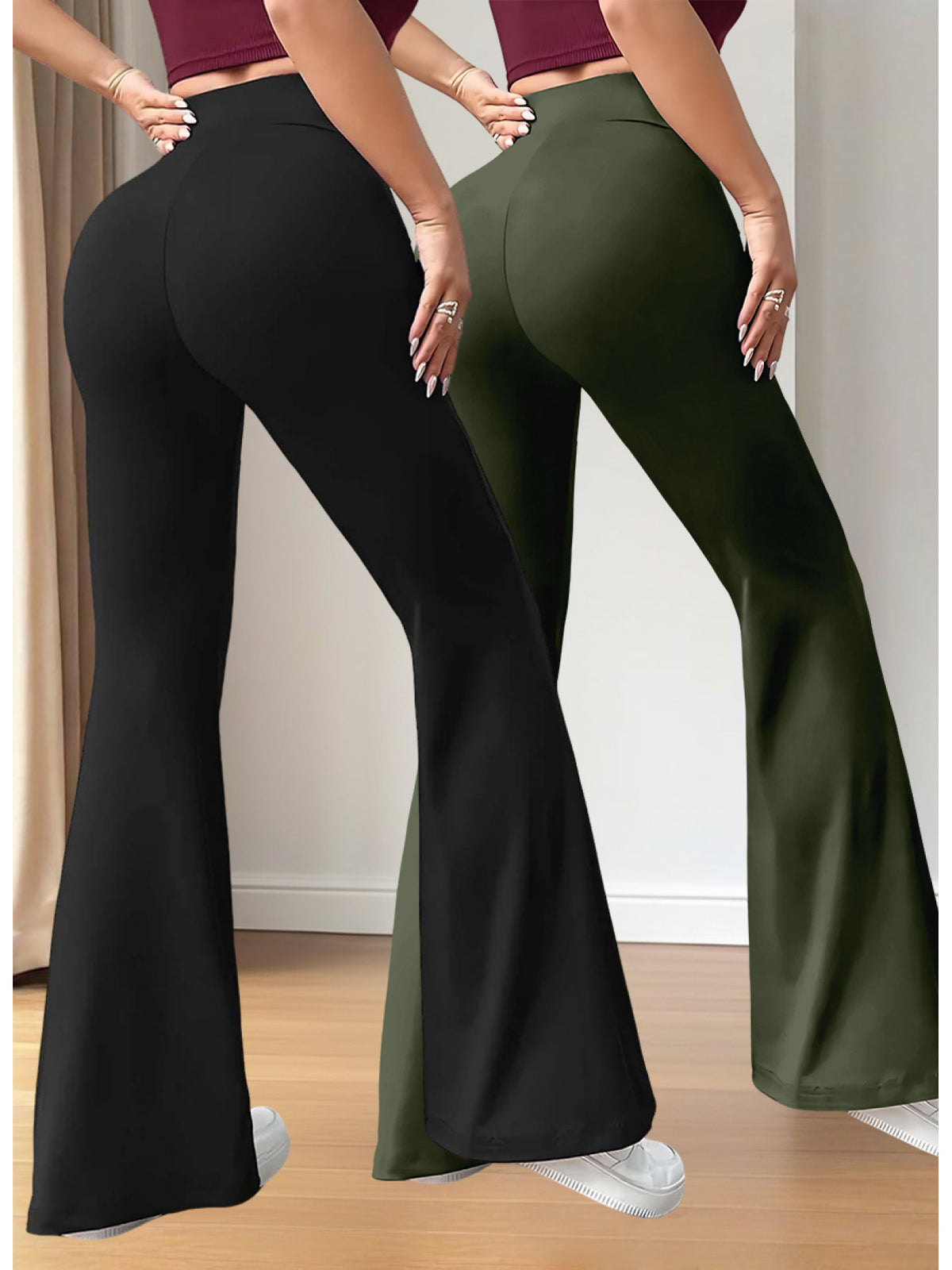New Autumn Women's Clothing from Europe and America, NEW YORK & BROOKLYN Letter Print, Daily Casual Wear, Two-Pack of Comfortable Slim-Fit Stretch Tapered Straight-Leg Pants with Drawstring Waistband - Army Green+Black