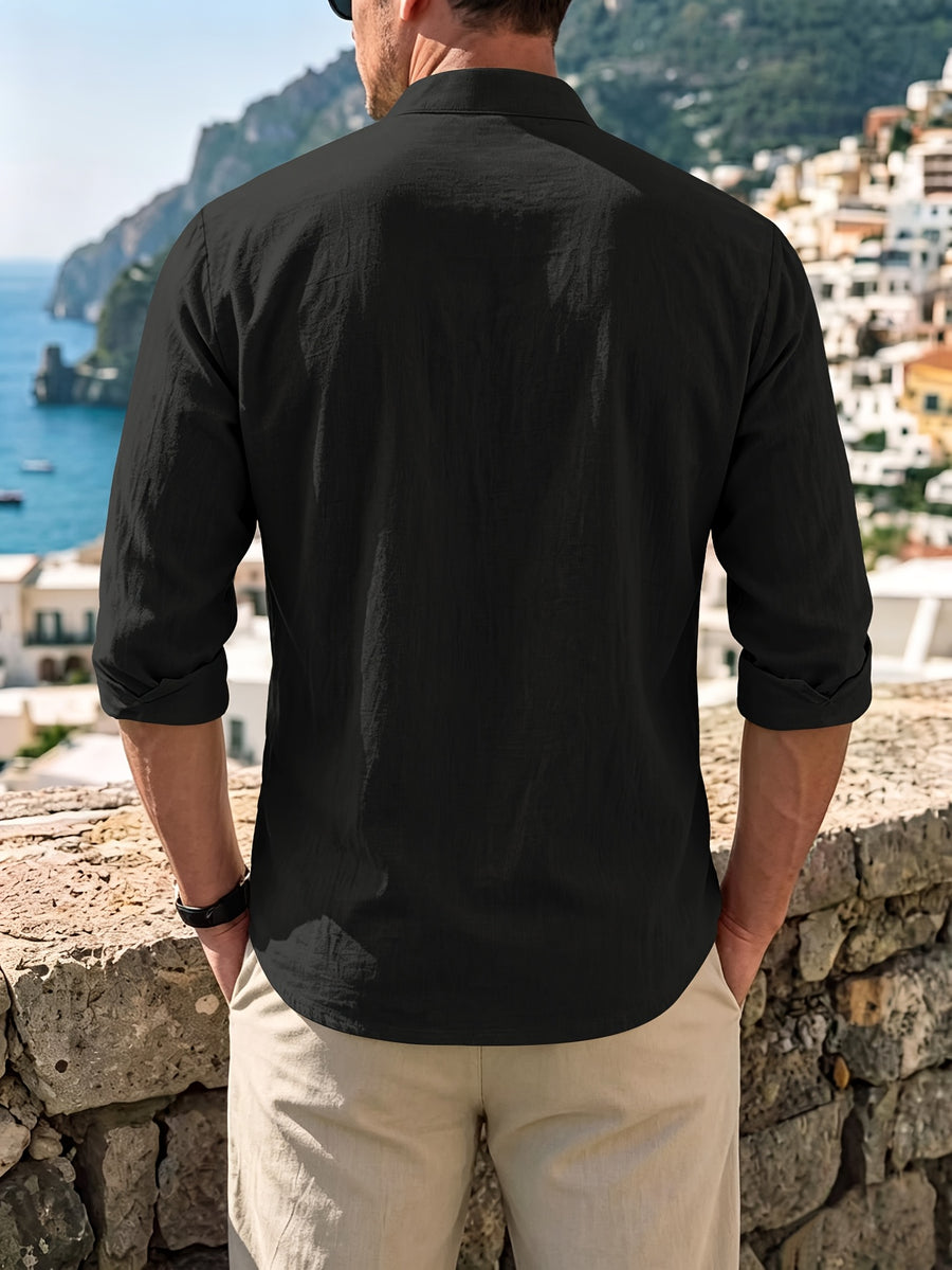 Men'S Spring Autumn New Thin Half-Button Stand Collar Linen T-Shirt Casual All-Match Athletic Trendy Fashion Commuting Fitness Thin Comfortable Loose Long Sleeve T-Shirt - Black