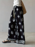 Bohemian Retro Print Drawstring Wide-Leg Pants Women'S Summer Thin Straight Drape Loose Casual Pants Summer Thin Print Casual Pants Women'S 2025 New Loose Lazy Style Breathable Ice Fiber Fabric Pants - Black