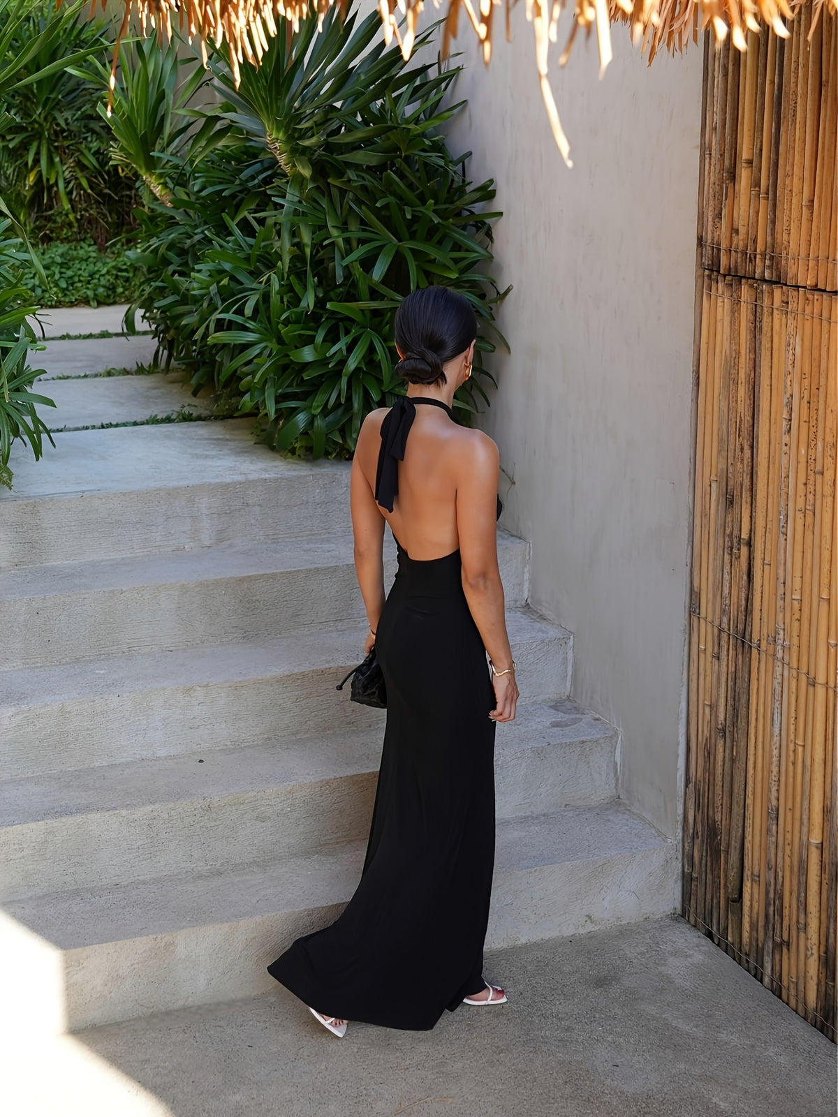 Women's Elegant Halter Neck Off-Shoulder Bodycon Dress - Fitted Waist Long Gown with Back Tie-Back Closure, High Elasticity Suitable for Parties, Weddings, Prom, Beach Vacations, Machine Washable Solid Color Dress - Black