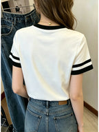 Y2K Retro Oversized T-Shirt - Loose Fit Short Sleeve Crew Neck Top with Solid Color Round Neck Suitable for - Casual Wear, Machine Washable Layering Basic Wardrobe Essential Gift - White+black