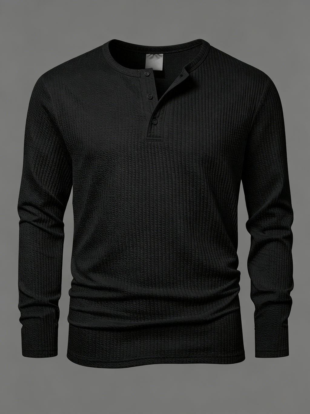 Vertical Stripe Textured Henley Collar Long Sleeve Men's Autumn Casual Loose Premium T-Shirt, Minimalist Solid Color Men's Casual Daily Top - Black