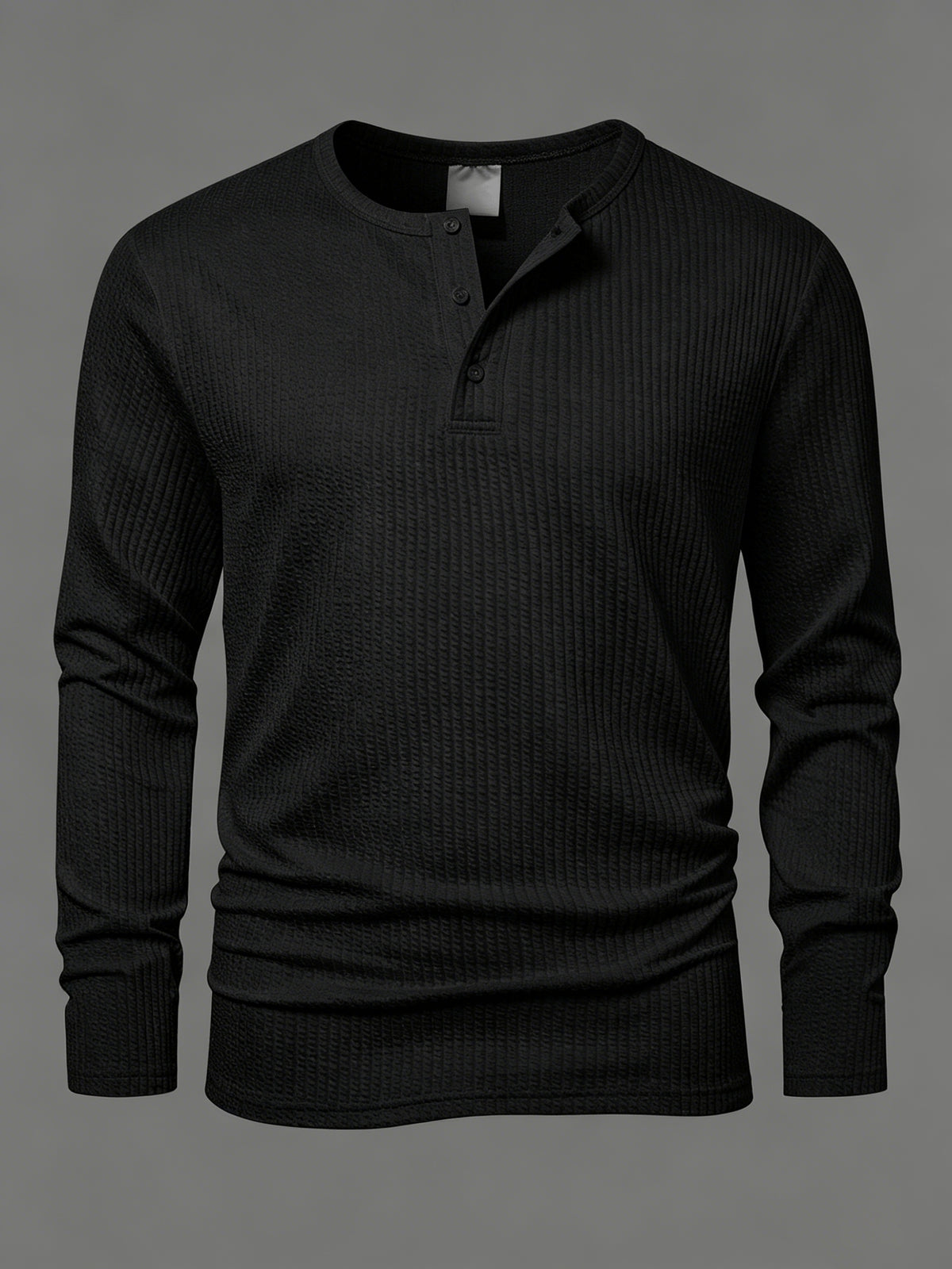 Vertical Stripe Textured Henley Collar Long Sleeve Men's Autumn Casual Loose Premium T-Shirt, Minimalist Solid Color Men's Casual Daily Top - Black