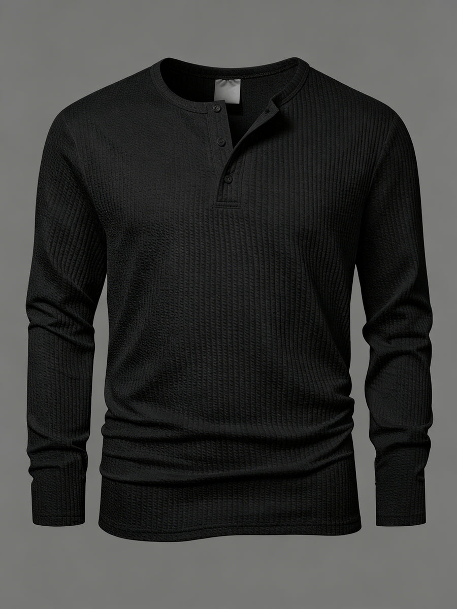 Vertical Stripe Textured Henley Collar Long Sleeve Men's Autumn Casual Loose Premium T-Shirt, Minimalist Solid Color Men's Casual Daily Top - Black
