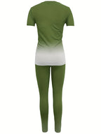 Fashionable Women'S Spring/Summer Set | Crew Neck Short Sleeve Printed Top with Long Pants | Architectural Pattern, Regular Fit - Dark Green