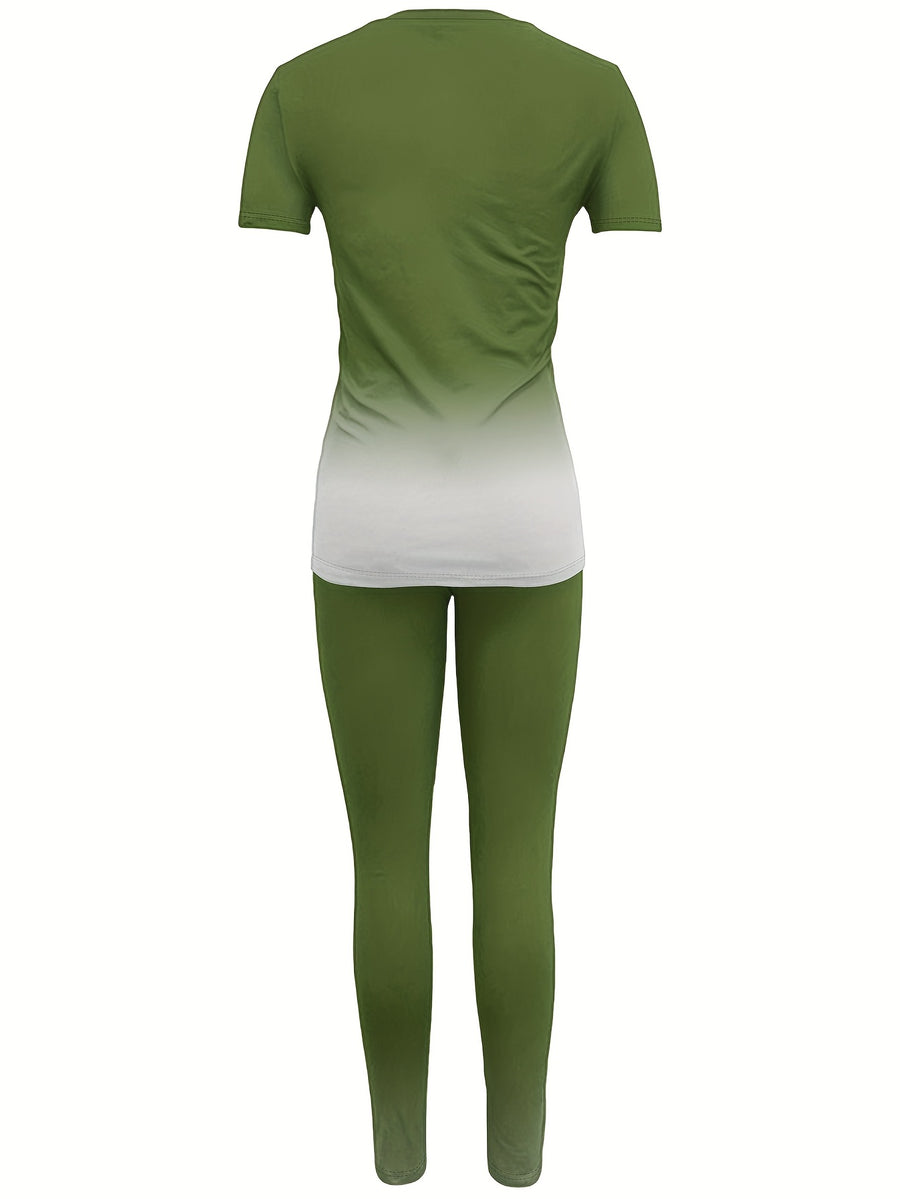 Fashionable Women'S Spring/Summer Set | Crew Neck Short Sleeve Printed Top with Long Pants | Architectural Pattern, Regular Fit - Dark Green