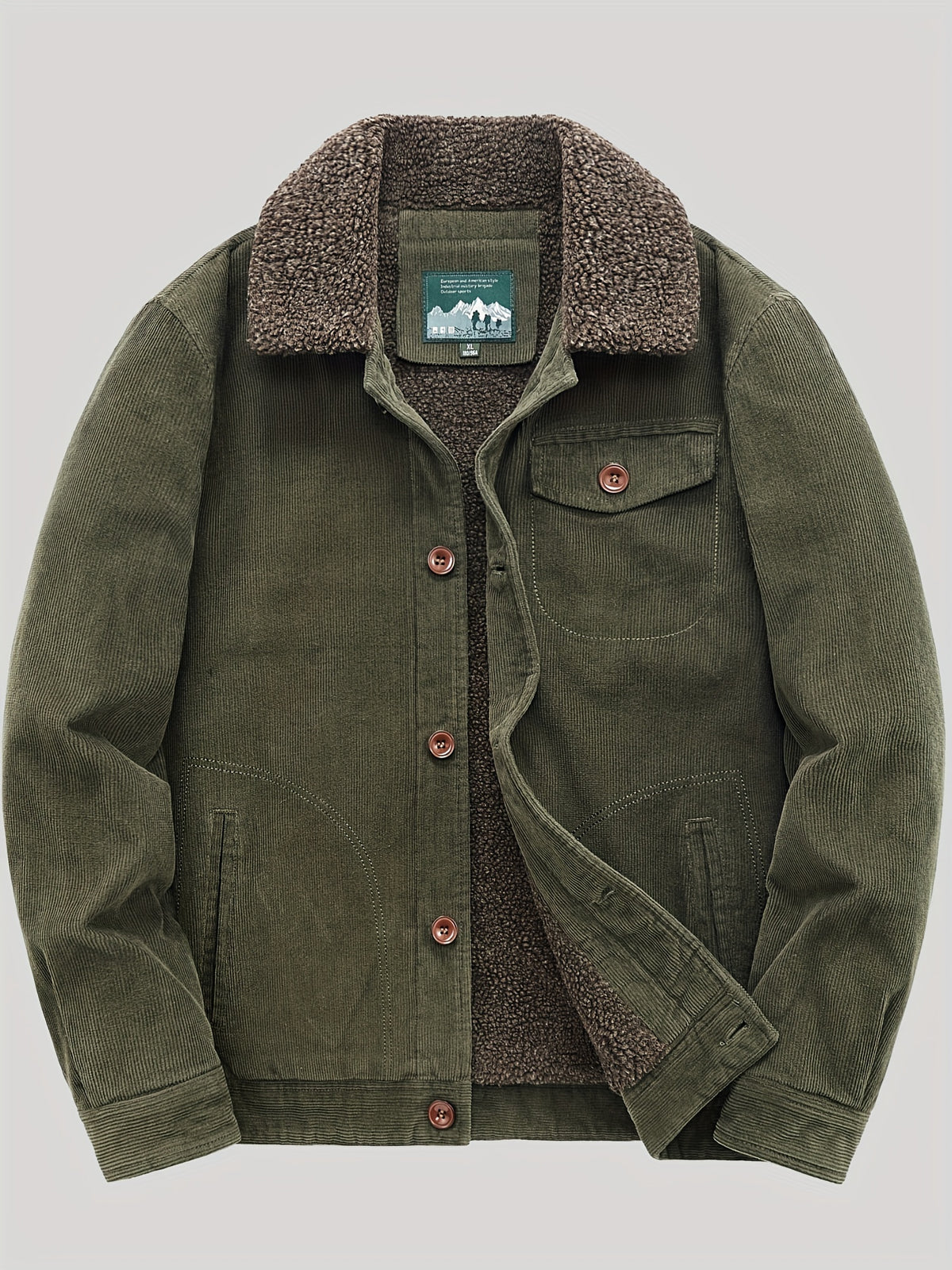 Men's Casual Outdoor Windproof Fleece-Lined Jacket with Button & Zipper Closure, Chest Pockets - Machine Washable Regular Fit Autumn Winter Coat for Hiking, Camping, Urban Adventures, Camping Gear - fern green