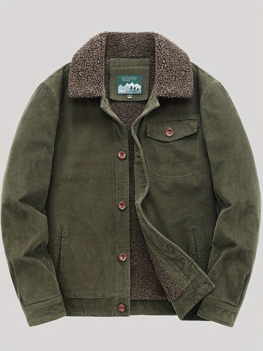 Men's Casual Outdoor Windproof Fleece-Lined Jacket with Button & Zipper Closure, Chest Pockets - Machine Washable Regular Fit Autumn Winter Coat for Hiking, Camping, Urban Adventures, Camping Gear - fern green