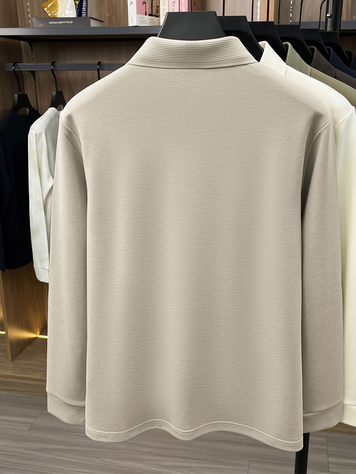 Men'S Lapel Long Sleeve Polo Shirt, 2-Button Design, Ribbed Polo Collar, Suitable for Commute And Casual Wear, Can Be Worn Inside Or Outside - Apricot