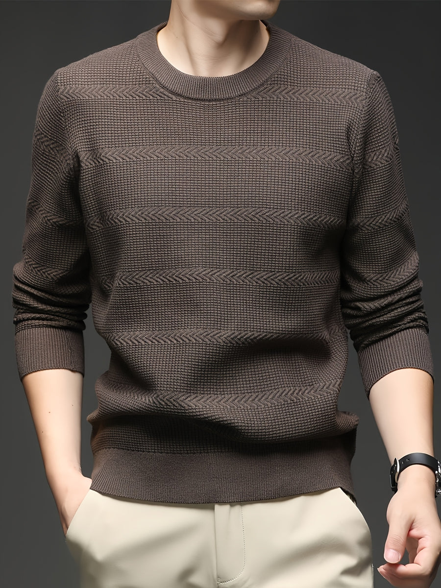 Men's Quiet Luxury Mustard Crew Neck Sweater, Textured Herringbone Knit Pullover, Old Money Aesthetic Fall Winter Top - Dark Brown