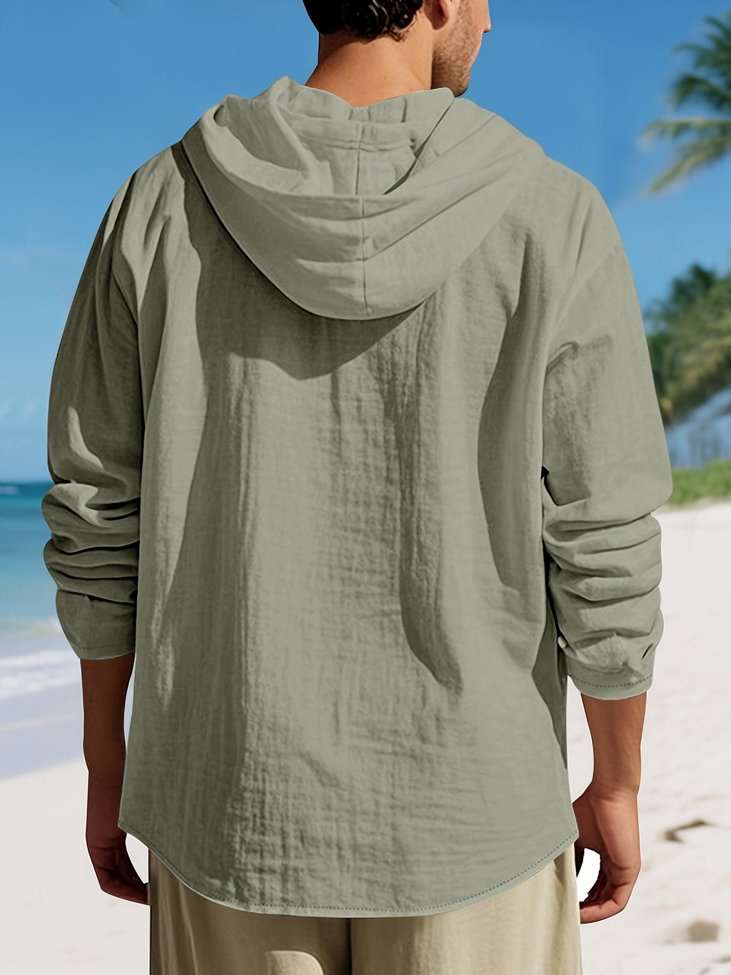 Men'S Casual Linen Hooded Shirt, Lightweight Breathable Fabric, Relaxed Fit Long Sleeve Design, Button Front Closure, Adjustable Drawstring Hood, Comfortable Pullover Style for Beach Vacations, Resort Travel, Yacht Trips, Camping, Outdoor Activities - Olive Green