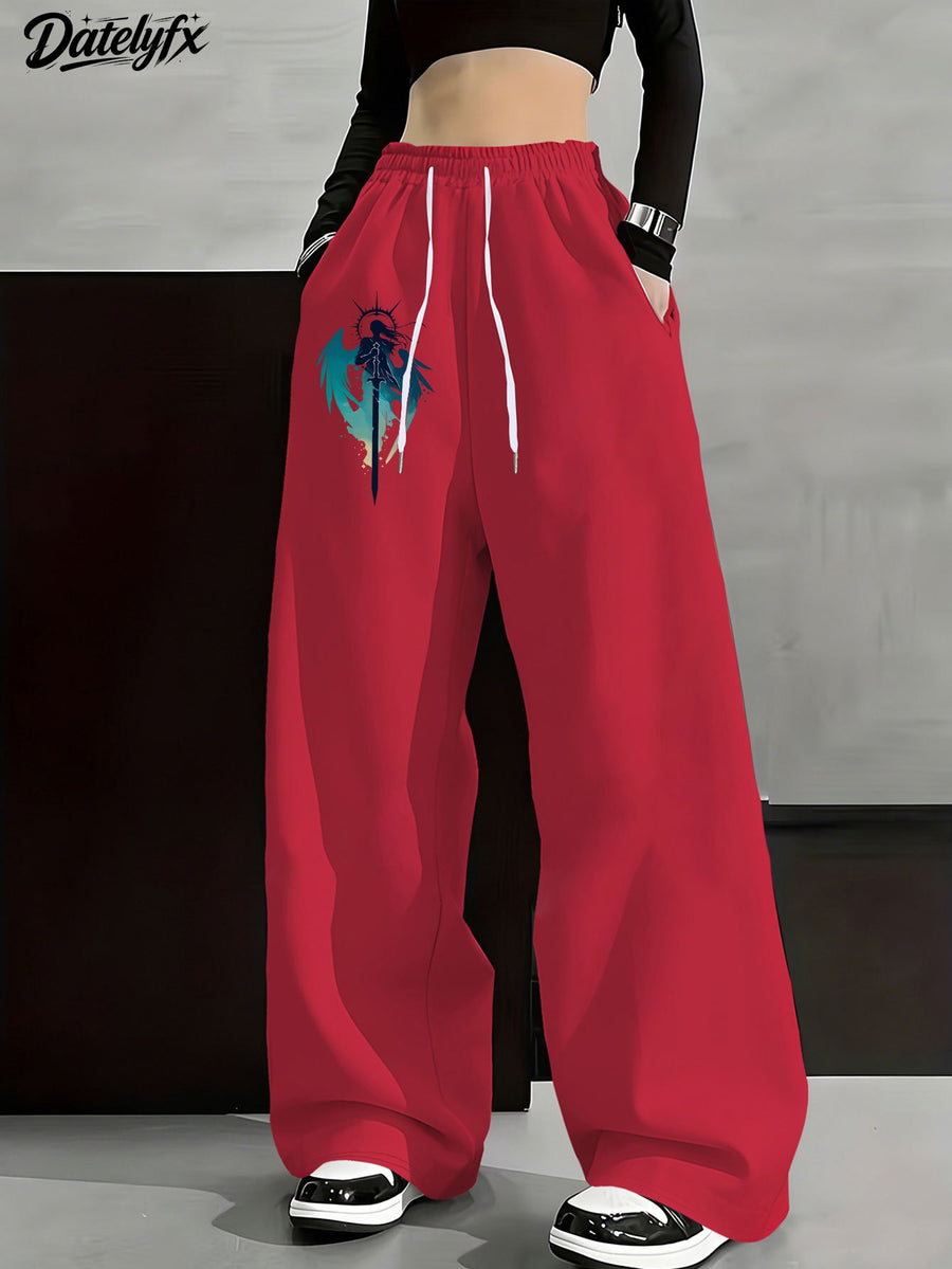 Women'S All-Season Long Pants, Back-To- Season Sword Wing Warrior Theme Printed Casual Trousers, Elastic Waist Drawstring Design, Daily Commute/Campus/Casual Outing Versatile Style - Red