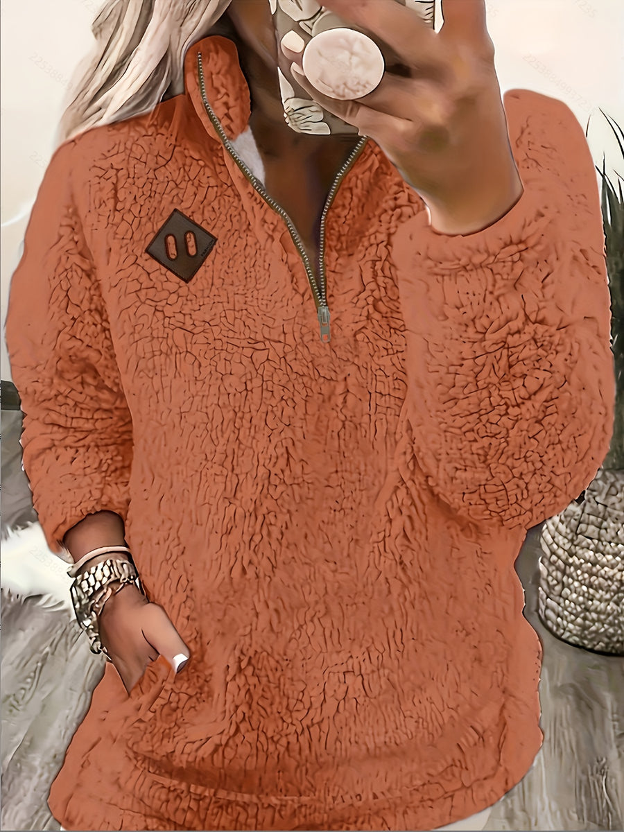 Women's Casual Fashion Pullover Zip-Up Long Sleeve Top - Orange