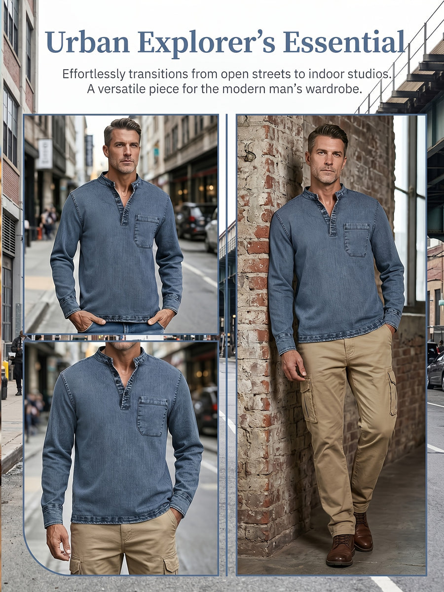 Men'S New Spring And Autumn Henley Collar Denim Shirt, Vintage Washed And Faded Blue Long Sleeve Top, Half-Placket 3-Button Design, Casual Shirt with Side Single Pocket, Versatile for Daily Commute, Wearable As Inner Or Outer Layer - Navy Color