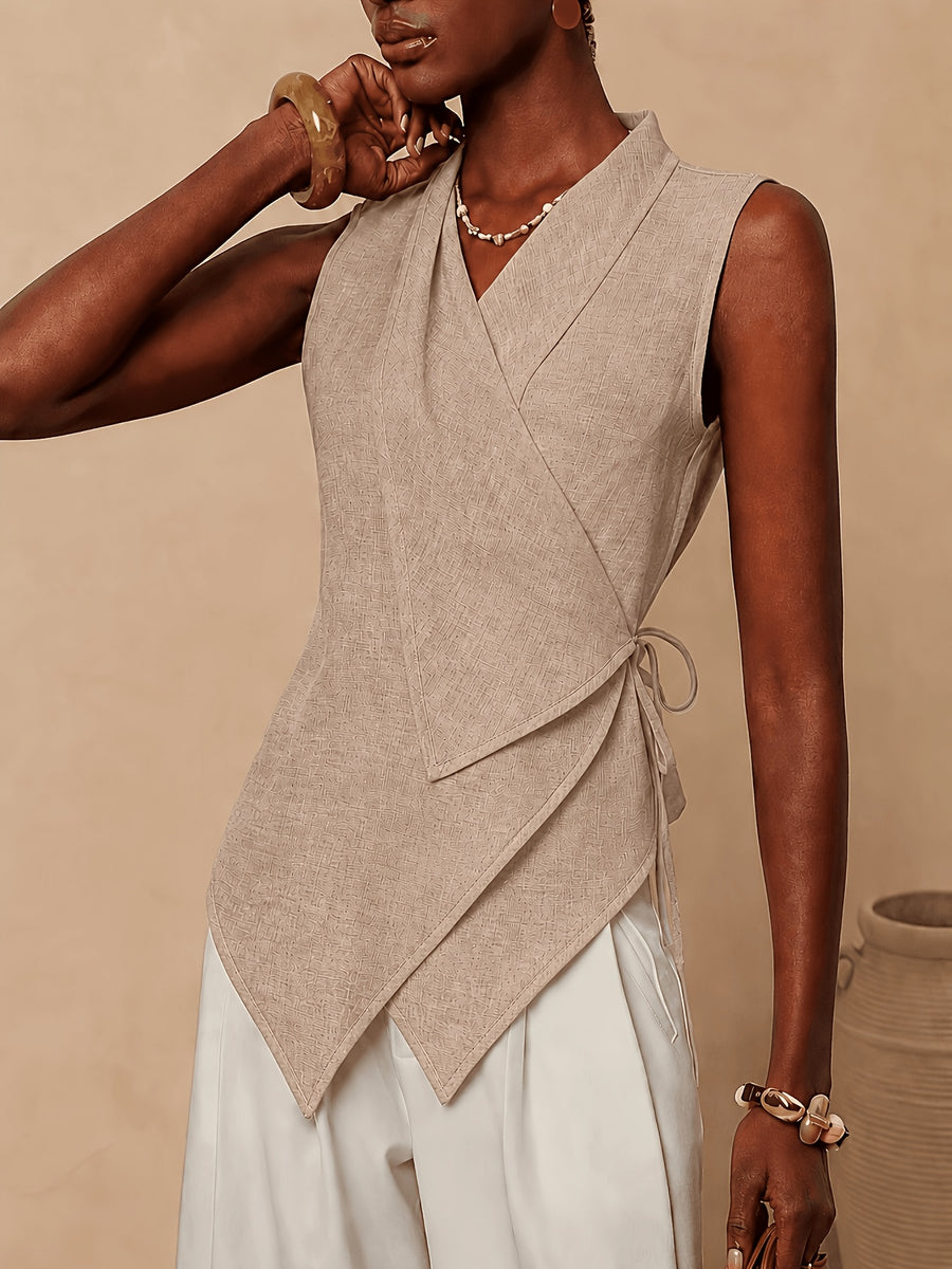 Women'S Solid Color Knotted Asymmetrical Hem Casual Versatile Daily Wear Shirt - Apricot