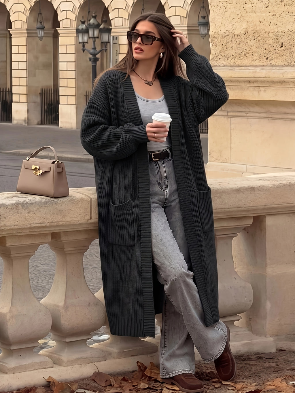 Women'S Solid Color Casual Long Sleeve Off-Shoulder Long Autumn Winter Coat - Pure Black