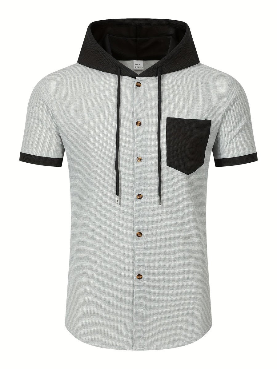 New Summer Shirt with Hooded Men'S Wear, Casual, Loose, Fashionable, Athletic, Home Workout, Camping, Fitness, Beach Shirt, Solid Color, Trendy, Youthful Fashion, Premium, Short Sleeve, Summer Premium Men'S Shirt - Grey