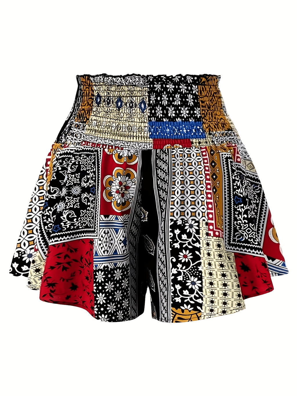 Summer Ethnic Style Comfortable Shirred Wide-Flare Casual Vintage Geometric Print Decorative Tie-Up Skirt-Pants Shorts - Mixed colors