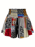 Summer Ethnic Style Comfortable Shirred Wide-Flare Casual Vintage Geometric Print Decorative Tie-Up Skirt-Pants Shorts - Mixed colors