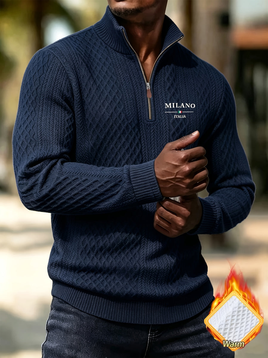 BOWZ Men's Fashion Henley Shirt, Solid Color Half-Zip Knit Top, Autumn/Winter Casual Long-Sleeve T-Shirt, Stylish and Versatile, Warm and Breathable, Suitable for Outdoor Sports and Daily Wear, Random Fabric Texture - Navy Color