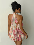Women'S Elegant Light Yellow Off-Shoulder Tie Mini Dress, Summer Dress, Vacation Dress, Floral Dress - Multicolor