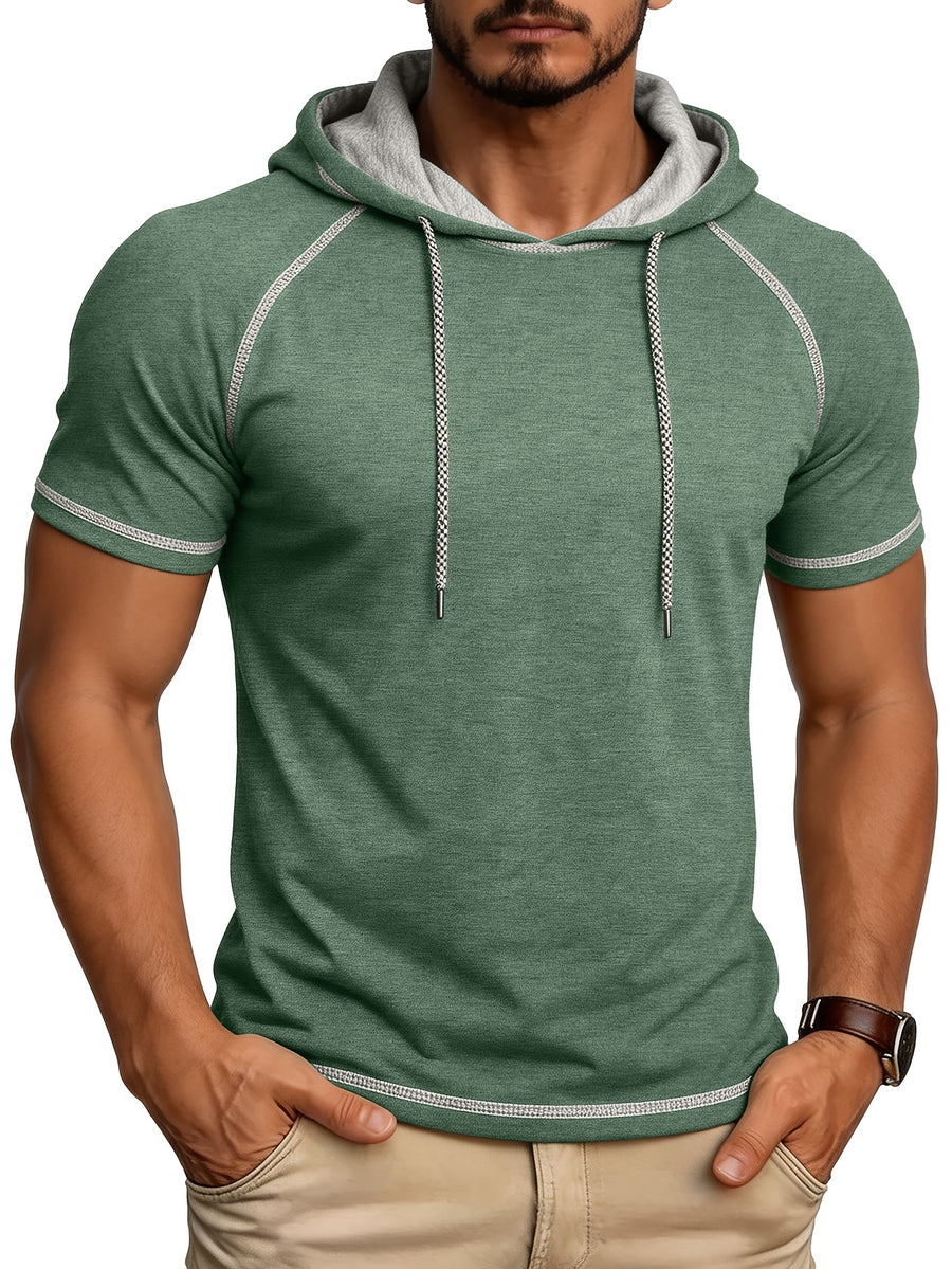 Summer Cross-Border Western Men'S Hooded Short-Sleeve T-Shirt, Color-Block Foreign Men'S Athletic Top - Green