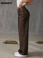 Women'S 2026 New Relaxed Fit Wide-Leg Coffee-Hued Jeans, Featuring a Solid Wash, Long Design with Pockets, Ideal for Versatile And Basic Outfits, Comfortable for Casual Wear, And Suitable for Work, Travel, And Office Settings - Coffee Color