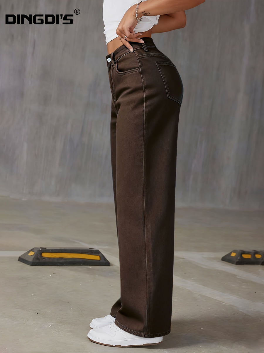 Women'S 2026 New Relaxed Fit Wide-Leg Coffee-Hued Jeans, Featuring a Solid Wash, Long Design with Pockets, Ideal for Versatile And Basic Outfits, Comfortable for Casual Wear, And Suitable for Work, Travel, And Office Settings - Coffee Color