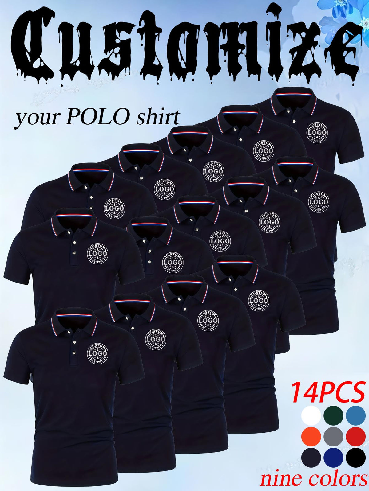 14pcs Classic Solid Color Men'S Polo Shirts, Breathable Lapel High Quality Shirts Casual Fashion Sport - Navy Color
