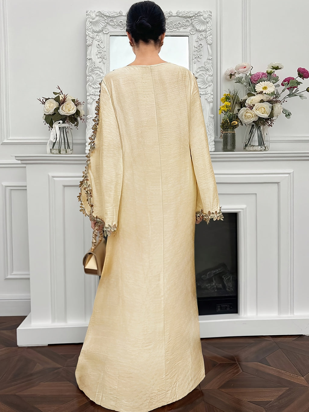 Elegant Women's Embroidered Patchwork Long-Sleeve Dress, Round Neck + Loose Fit Figure-Flattering Solid Color Maxi Dress, Suitable for Casual Vacations and Daily Wear in Spring and Summer - Apricot