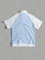Men's New Summer Waffle Knit POLO Shirt, Casual Loose Fit Breathable Short Sleeve Zipper Half-Open Placket Color Block Patchwork Top with Raglan Sleeves, 2-in-1 Look T-shirt - Sky Blue