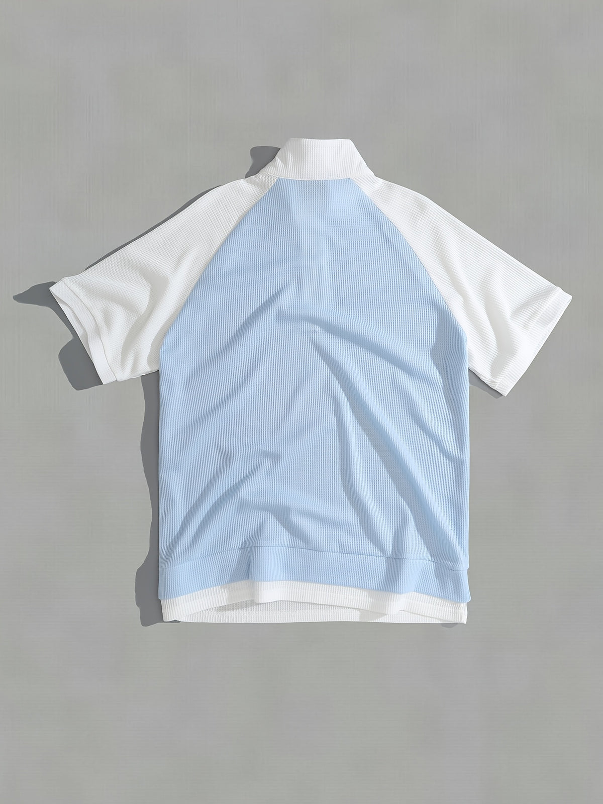 Men's New Summer Waffle Knit POLO Shirt, Casual Loose Fit Breathable Short Sleeve Zipper Half-Open Placket Color Block Patchwork Top with Raglan Sleeves, 2-in-1 Look T-shirt - Sky Blue