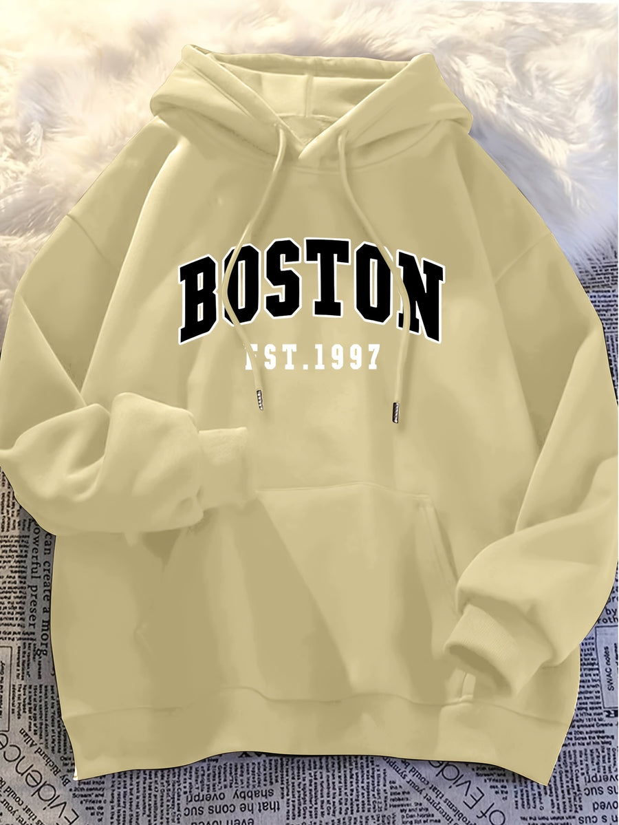 Minimalist Style Boston Letter Print Men'S Hooded Sweatshirt Regular Fit, Casual Long Sleeve Pullover - Apricot
