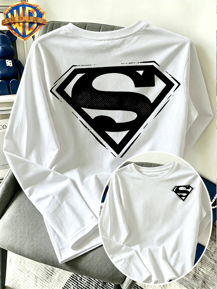 Warner Bros. Official - Superman Graffiti Texture S Logo Print, Men'S Versatile Long Sleeve, Spring And Autumn Season Adaptation, Casual Street Clothing Top, Daily Leisure Vacation Gift - White