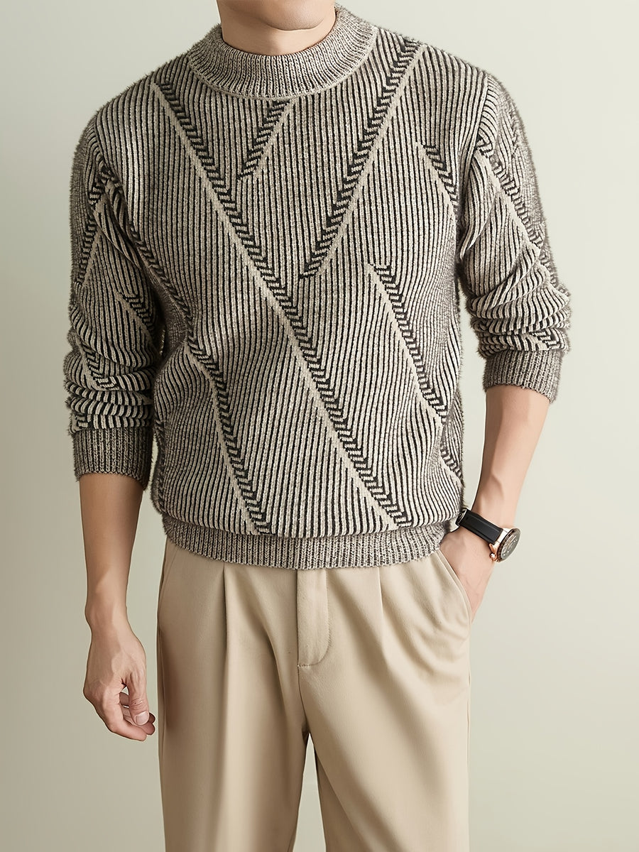 Men'S Olive Green Herringbone Knit Crew Neck Sweater, Textured Long Sleeve Pullover with Ribbed Trim, Old Money Fall Winter Top - Khaki