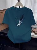 100% Women's T-Shirt, Summer Short-Sleeve Lightweight Top, Trendy and Fashionable Standard Fit, Casual and Versatile, Breathable and Comfortable, Pattern with Flying Bird Elements, Simple, Elegant, and Full of Personality - Blue