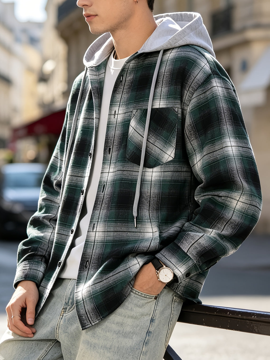 Men'S Hooded Plaid Shirt Jacket, Classic Color-Block Checkered Design, Layered And Practical, Loose Drop Shoulder Fit, Easy And Elegant Chest Pocket Detail, Suitable for Spring/Autumn Daily Commute, Casual Outings, And Dates - Green Grid