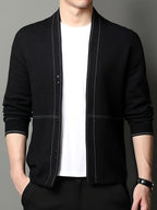 Xingmengzhi OBM 2025 Spring/Autumn New Striped Sweater Coat with Wool Long Sleeve Cardigan for Men, Business Casual Knitwear - Black