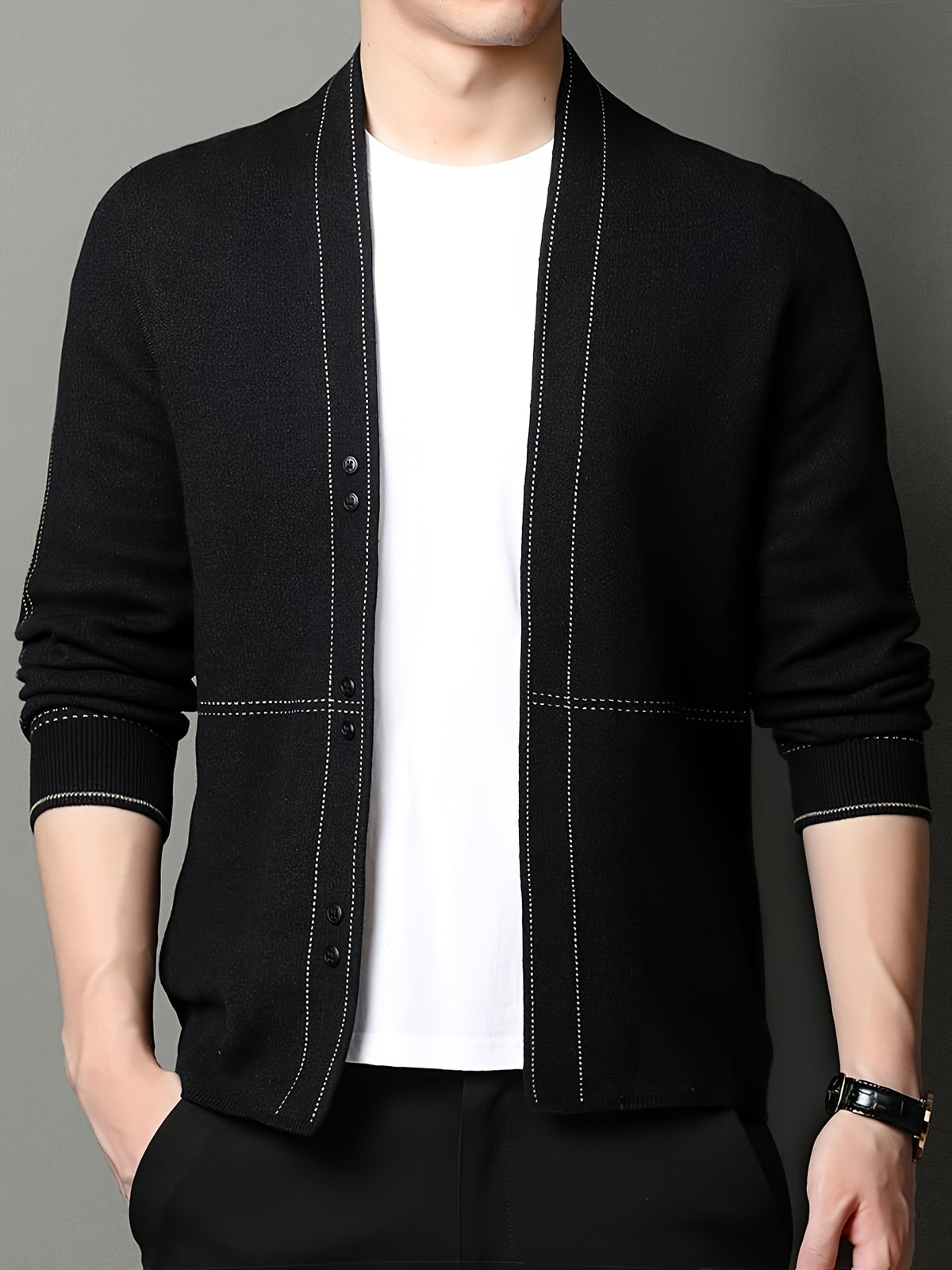 Xingmengzhi OBM 2025 Spring/Autumn New Striped Sweater Coat with Wool Long Sleeve Cardigan for Men, Business Casual Knitwear - Black