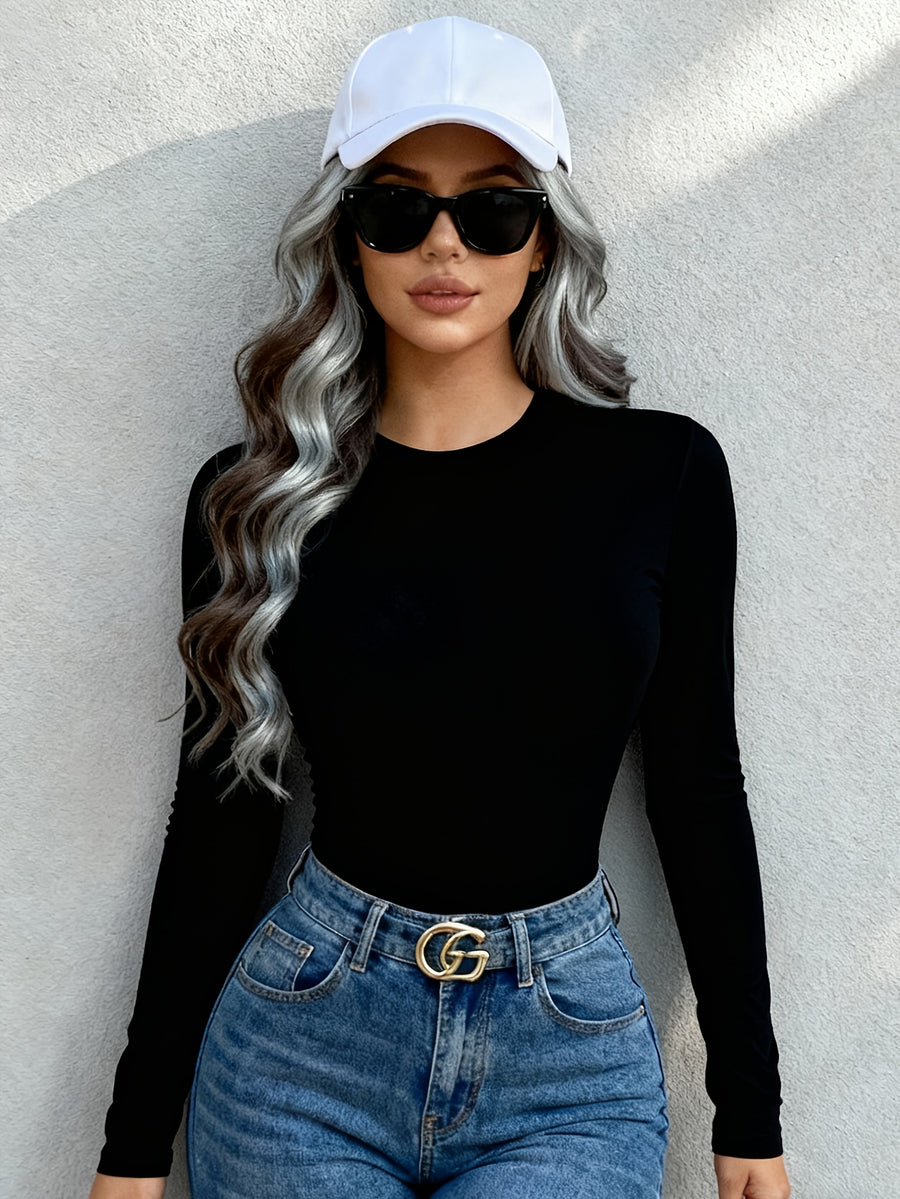 Solid Color Long Sleeve Round Neck Top, Casual Slim-Fit T-Shirt, Essential for Casual Wear and Shopping, Made of Stretch Fabric, Machine Washable Base Layer Shirt Suitable for All Seasons - Black