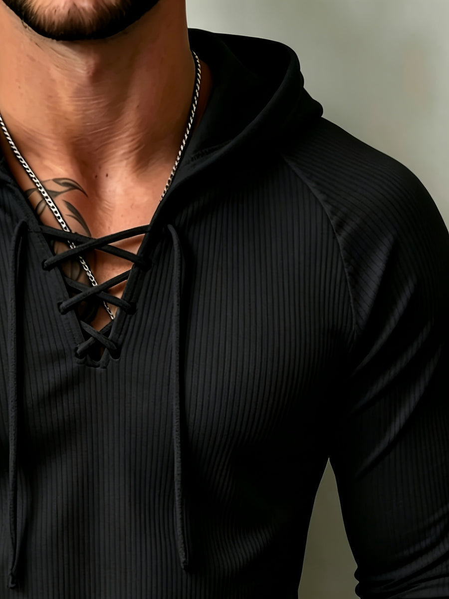 [Josh Mei OBM] Men'S Ribbed Drawstring Hoodie - Slim Fit Long Sleeve Pullover, with Adjustable Hood And Stretchy Fabric, Perfect for Casual Wear - Black
