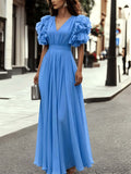 Elegant Women's Blue V-Neck Multi-Layer Ruffle Flutter Sleeve Long Dress - Waist-Cinching Pleated Dress | Temperamental Long Chiffon Gown for Evening Parties, Dates, and Vacations - Sky Blue