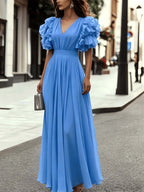 Elegant Women's Blue V-Neck Multi-Layer Ruffle Flutter Sleeve Long Dress - Waist-Cinching Pleated Dress | Temperamental Long Chiffon Gown for Evening Parties, Dates, and Vacations - Sky Blue